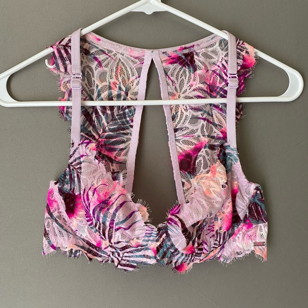 Victoria Secret PINK sz 34D Tropical Floral Lace Bra Purple Pink Underwire Fairy